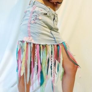 Upcycled Neon Rainbow Fringe Denim Mini